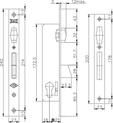 Корпус узкопрофильного замка с роликовой защёлкой 255 (25 mm) w/b (никель)
