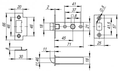 Защелка врезная PLASTP12-45-25 (P12-45) AB бронза