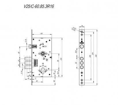 Корпус врезного замка c защёлкой MDV25/C-60.85.3R16