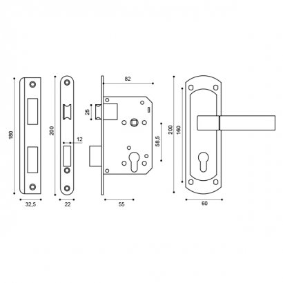 Корпус замка с ручкой LOCKSET25.ORION.5558-1 (KIT P25 5558 ORION) AB бронза