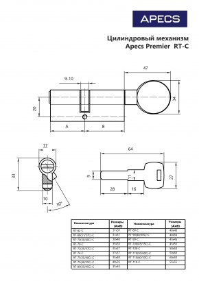 Цилиндровый механизм Apecs Premier RT-80(35/45C)-C-NI