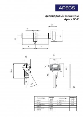 Цилиндровый механизм Apecs SC-70(30C/40)-C-NI