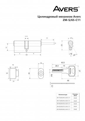Цилиндровый механизм Avers ZM-70(30S/40)-S/65-C11-CR