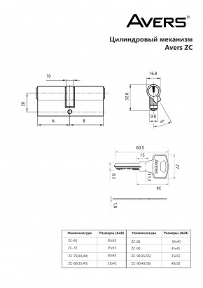 Цилиндровый механизм Avers ZC-70(30/40)-CR
