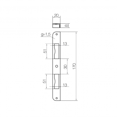 Запорная планка DOORLOCK SBK M, симметричная, для дверей с фальцем, для замков DIN стандарта, пластиковый карман,полированная латунь