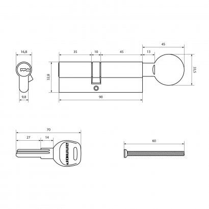АЛЛЮР HD FG 90-5К BP[35x10x45G] (40x50G) латунь перф.кл/верт БЛИСТЕР Цилиндровый механизм