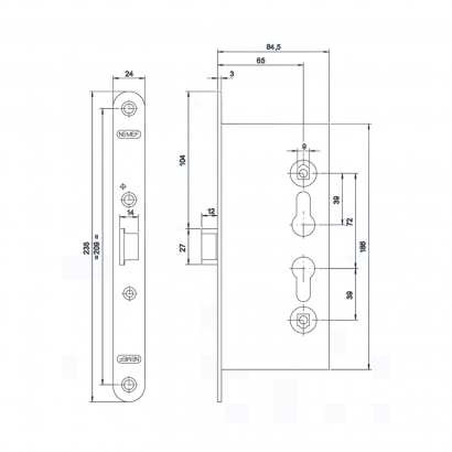 Замок дверной огнестойкий NEMEF 1901/21, антипаник,  оцинкованный