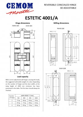 Дверная петля CEMOM ESTETIC 4001/A 3D скрытая, матовый хром