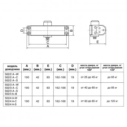БУЛАТ Доводчик дверной ДД 502/4 A-S (60-85 кг) серебро