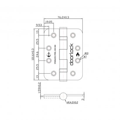 Дверная петля  DL H102/76/2B/R SSS карточная, графит PVD
