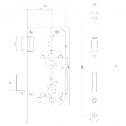 Замок дверной с роликом DL401R/C/55/20/SSS, цилиндровый, матовая нержавеющая сталь