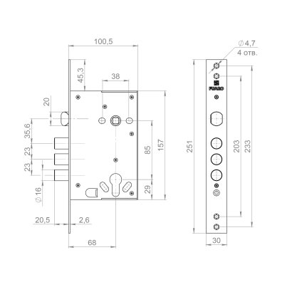 Корпус врезного замка полуавтоматический с защёлкой MDV32.21/C-65.85.3R16 S/A