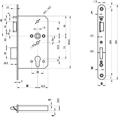 Замок дверной огнестойкий DL 1769SL/E/65mm/SS/L, автоматическое запирание, антипаник функция E, нержавеющая сталь
