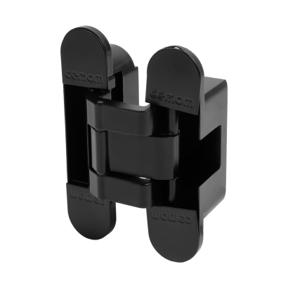 Петля скрытая CEMOM ESTETIC A602 M 3D 9005 черная, для компланарных дверей, регулируемая, вес полотна 60кг, магнитные колпачки, 29x120мм