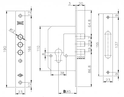 Корпус врезного замка 189/3M (45 mm) w/b (латунь)