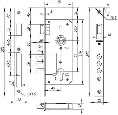 Корпус врезного замка с защёлкой DD900/C-45.85.3MR (900 3MR/CP W/B) CP хром